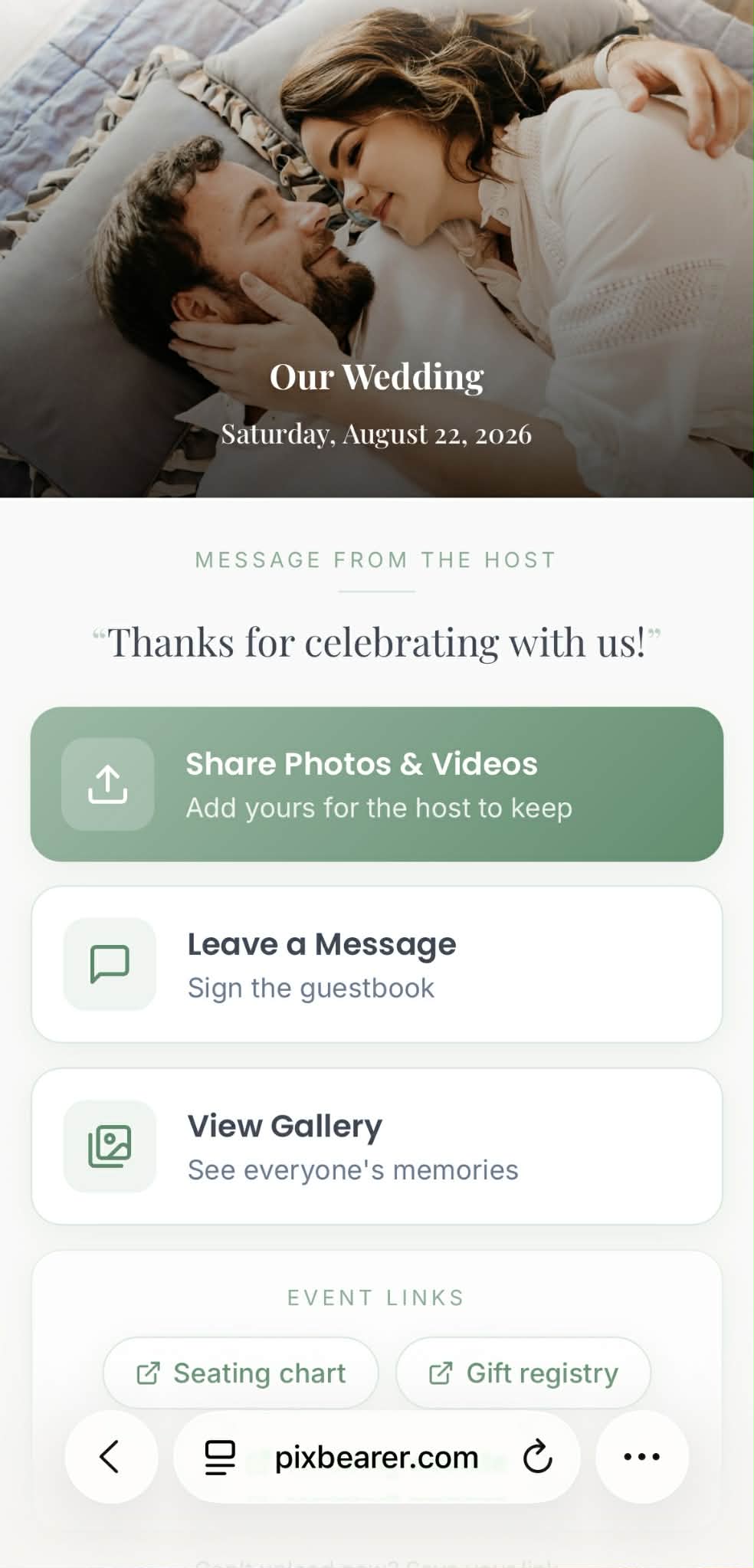 PixBearer guest upload page — guests share photos and videos straight to the couple's Google Drive